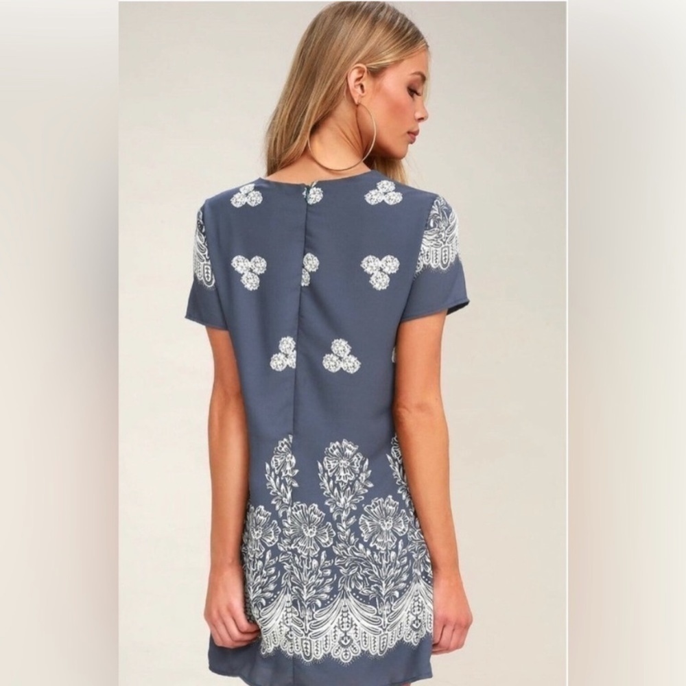 Lulus Riverside State Blue Floral Print Shift Dress Short Sleeve Mini Length - Picture 3 of 16